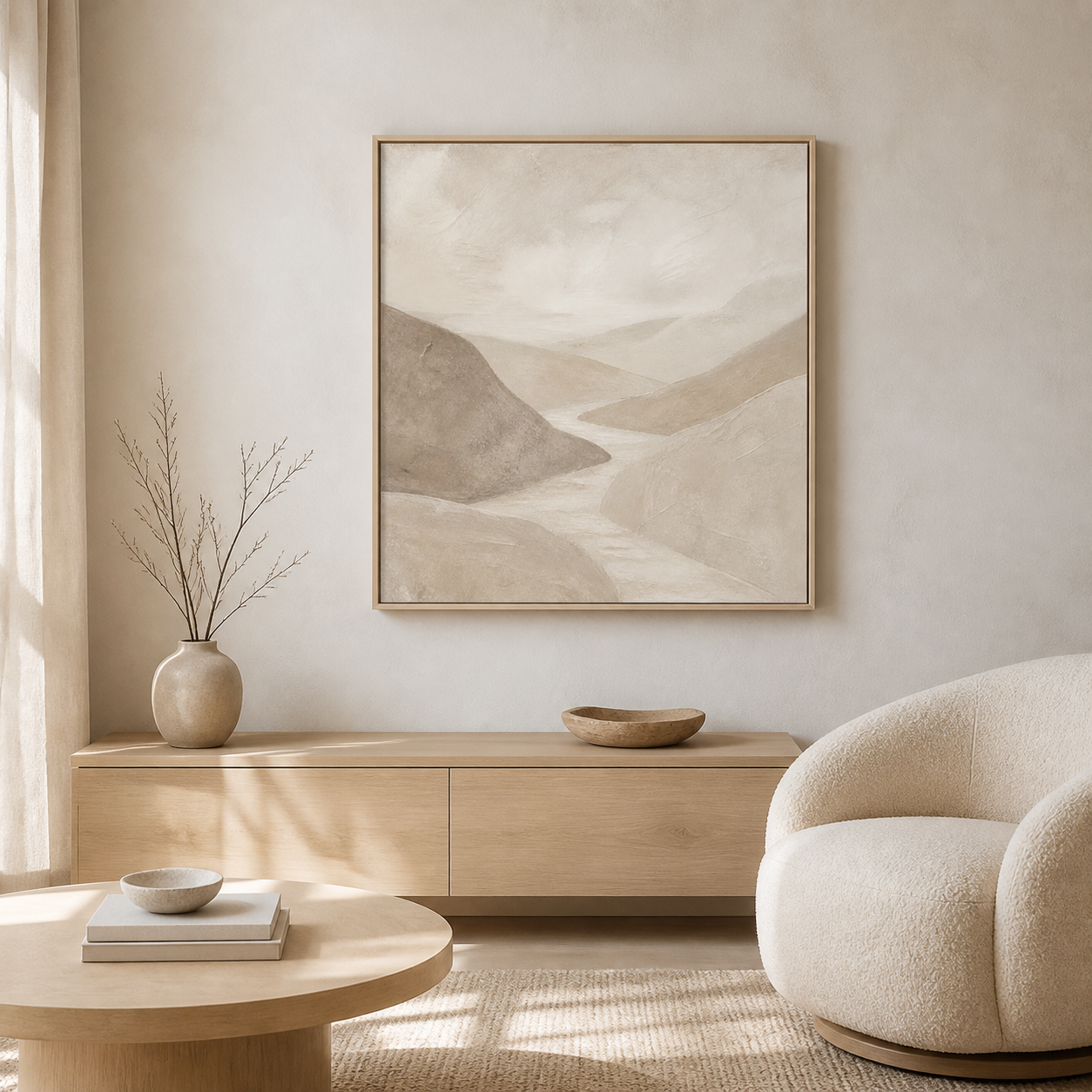 Soft Earth Passage birch floating frame canvas in a neutral interior