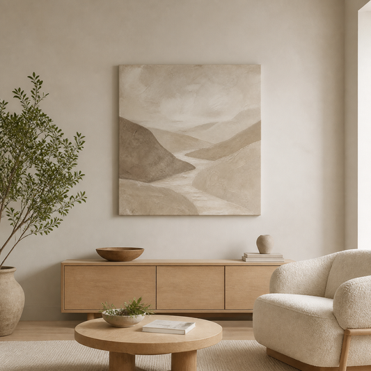 Soft Earth Passage stretched canvas in a neutral interior