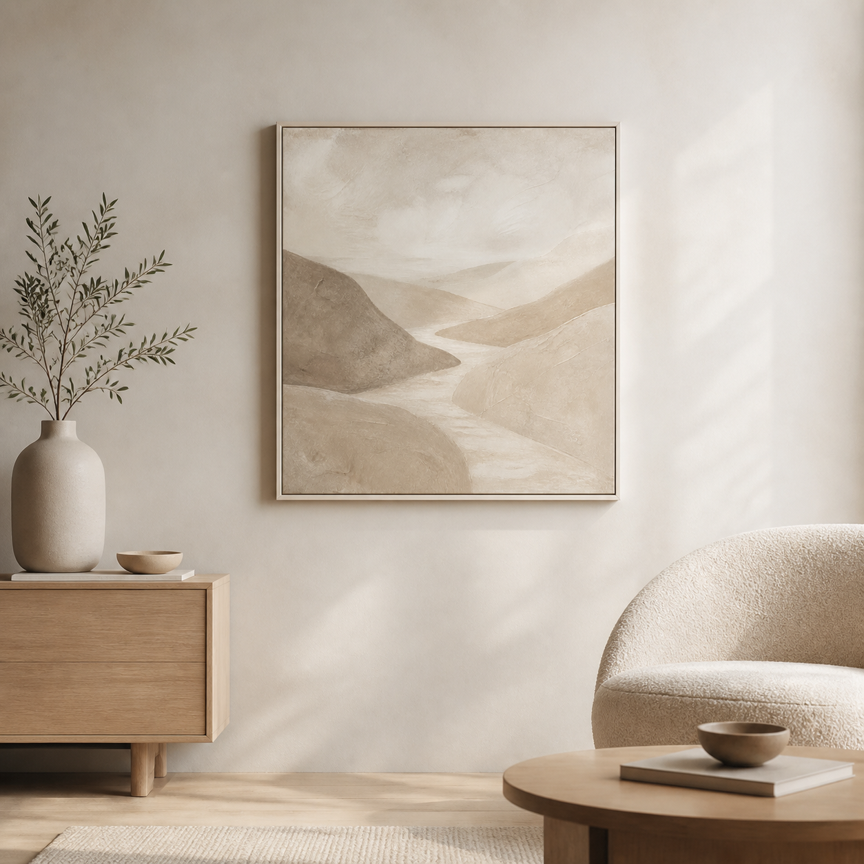 Soft Earth Passage white floating frame canvas