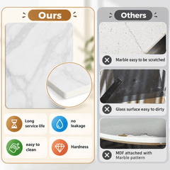 Comparison collage of a white marble look tabletop corner next to three other surfaces labelled as others