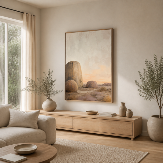 Stone and Sky canvas in a natural birch floating frame – full square lifestyle view