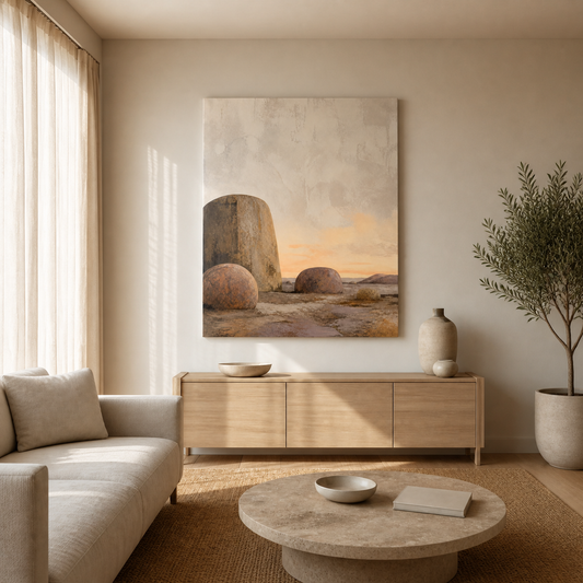 Stone and Sky stretched canvas in a styled living room – full square lifestyle view