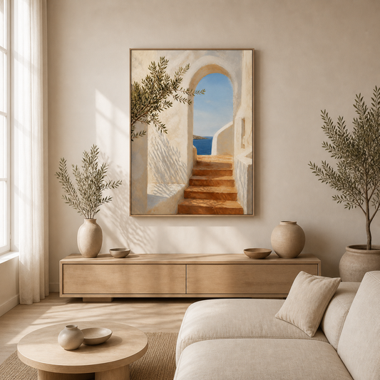 Sunlit Passage canvas in a natural birch floating frame – full square lifestyle view