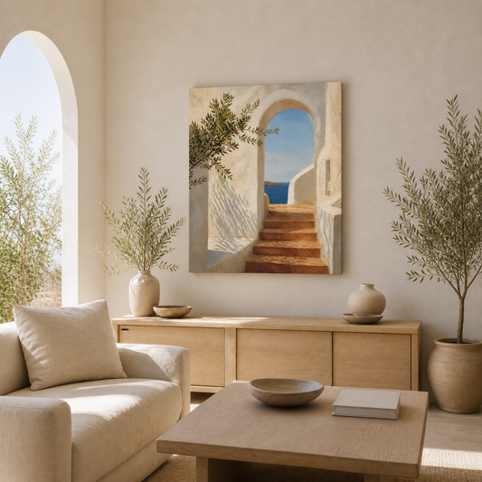 Sunlit Passage stretched canvas in a styled living room – full square lifestyle view