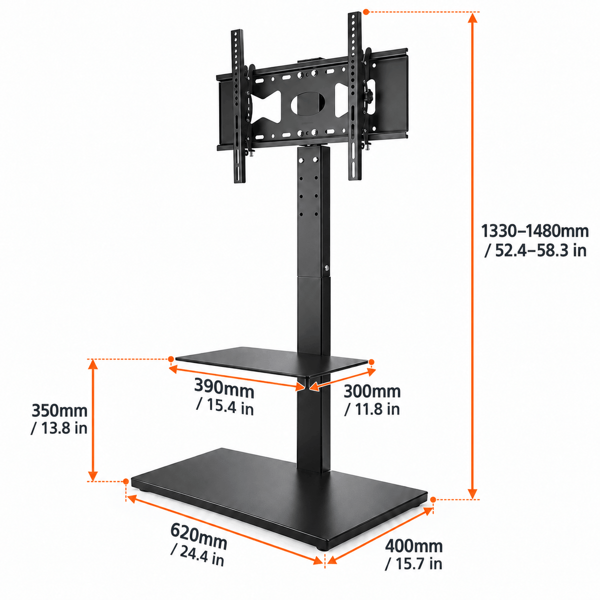 Dimensions diagram of a black TV floor stand showing its height range, shelf size, shelf height and base size