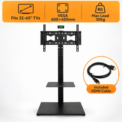 Black TV floor stand with a level above the bracket and a coiled HD cable beside icons for TV size, VESA and load