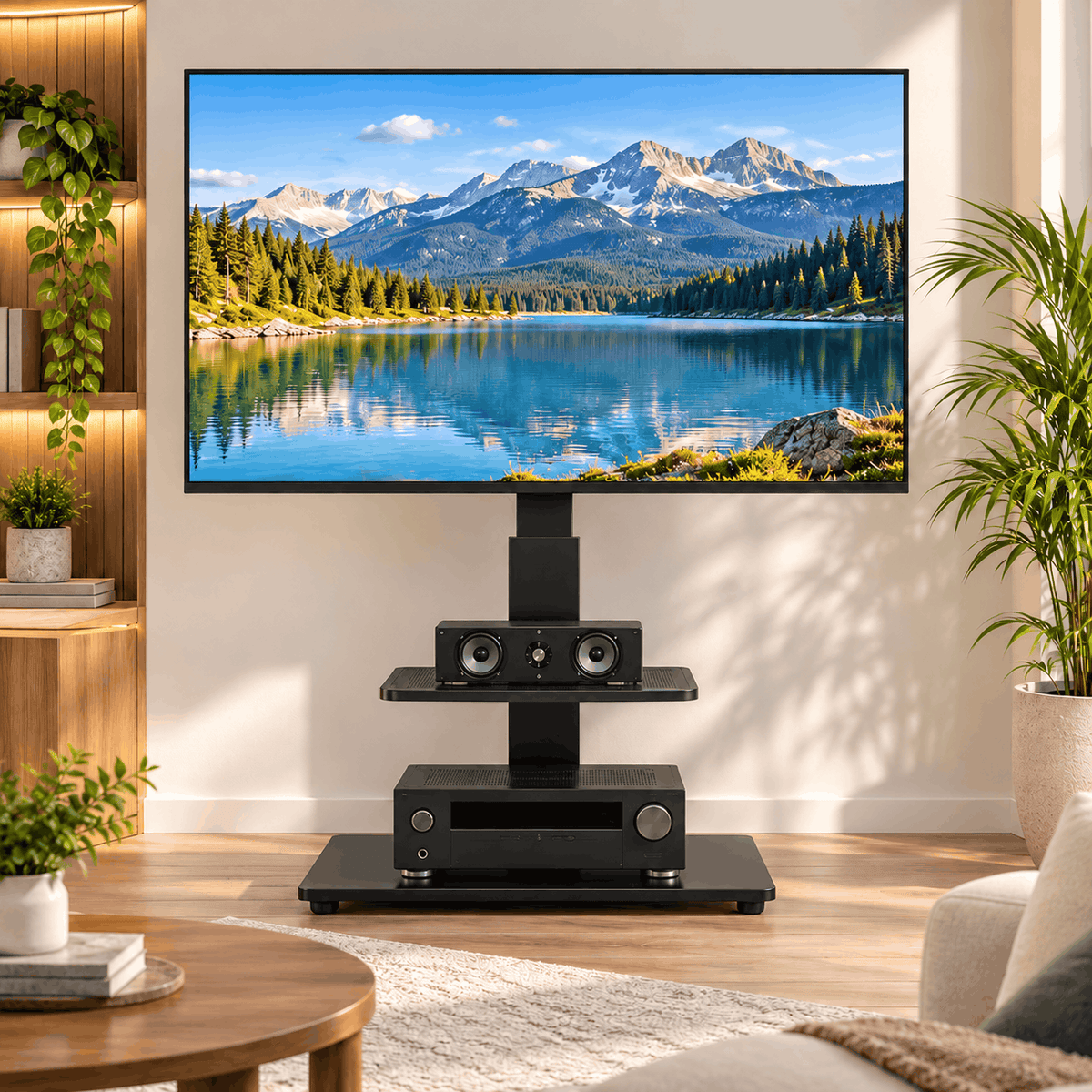 TV on a black floor stand in a living room with a centre speaker on the shelf and an AV receiver on the base