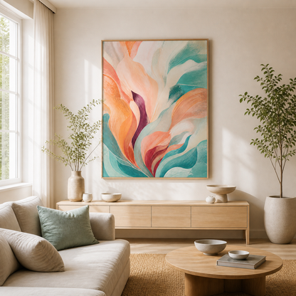 Tidal Bloom canvas in a natural birch floating frame – full square lifestyle view