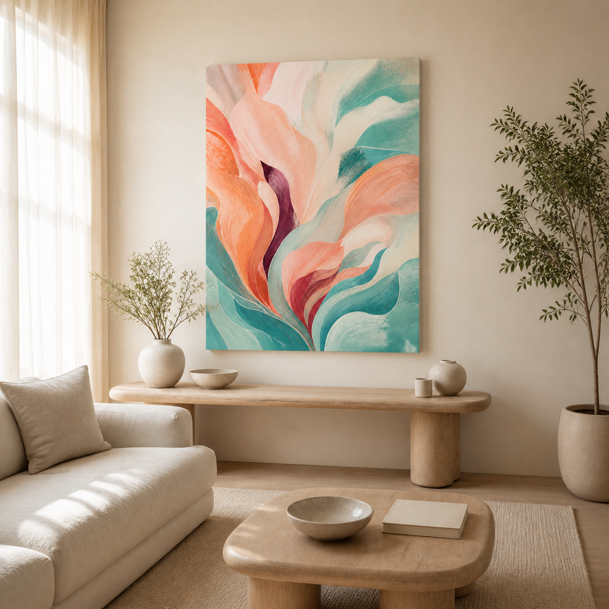 Tidal Bloom stretched canvas in a styled living room – full square lifestyle view