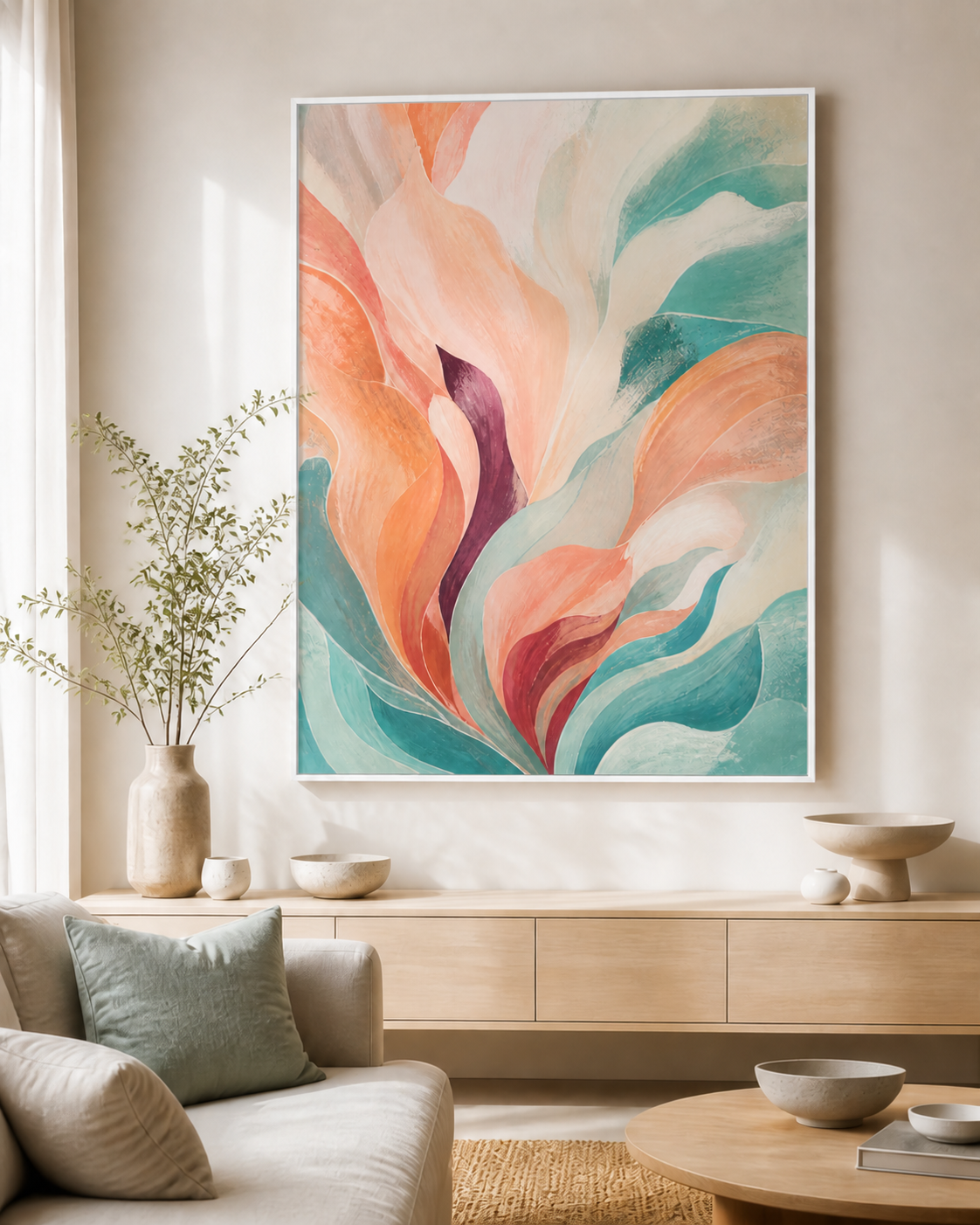Tidal Bloom canvas in a white floating frame