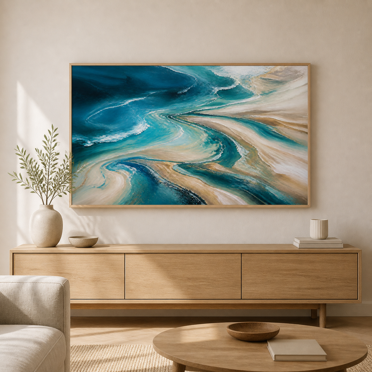 Tidal Blue birch floating frame landscape lifestyle view