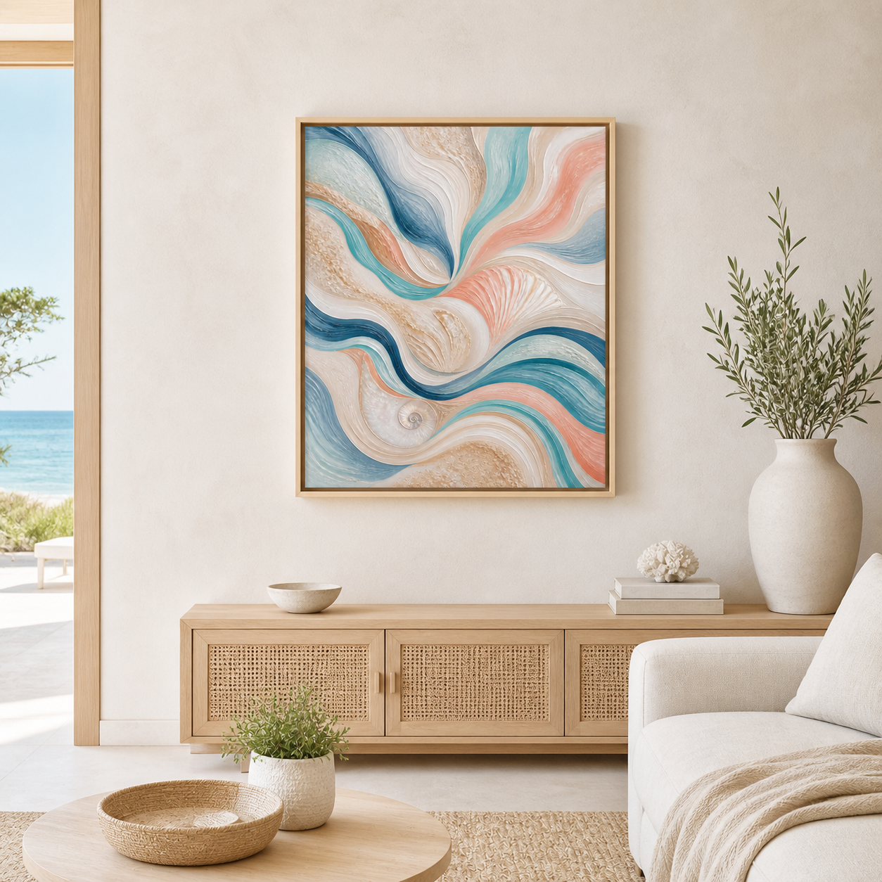 Tidal Ribbons birch floating frame canvas in a coastal interior