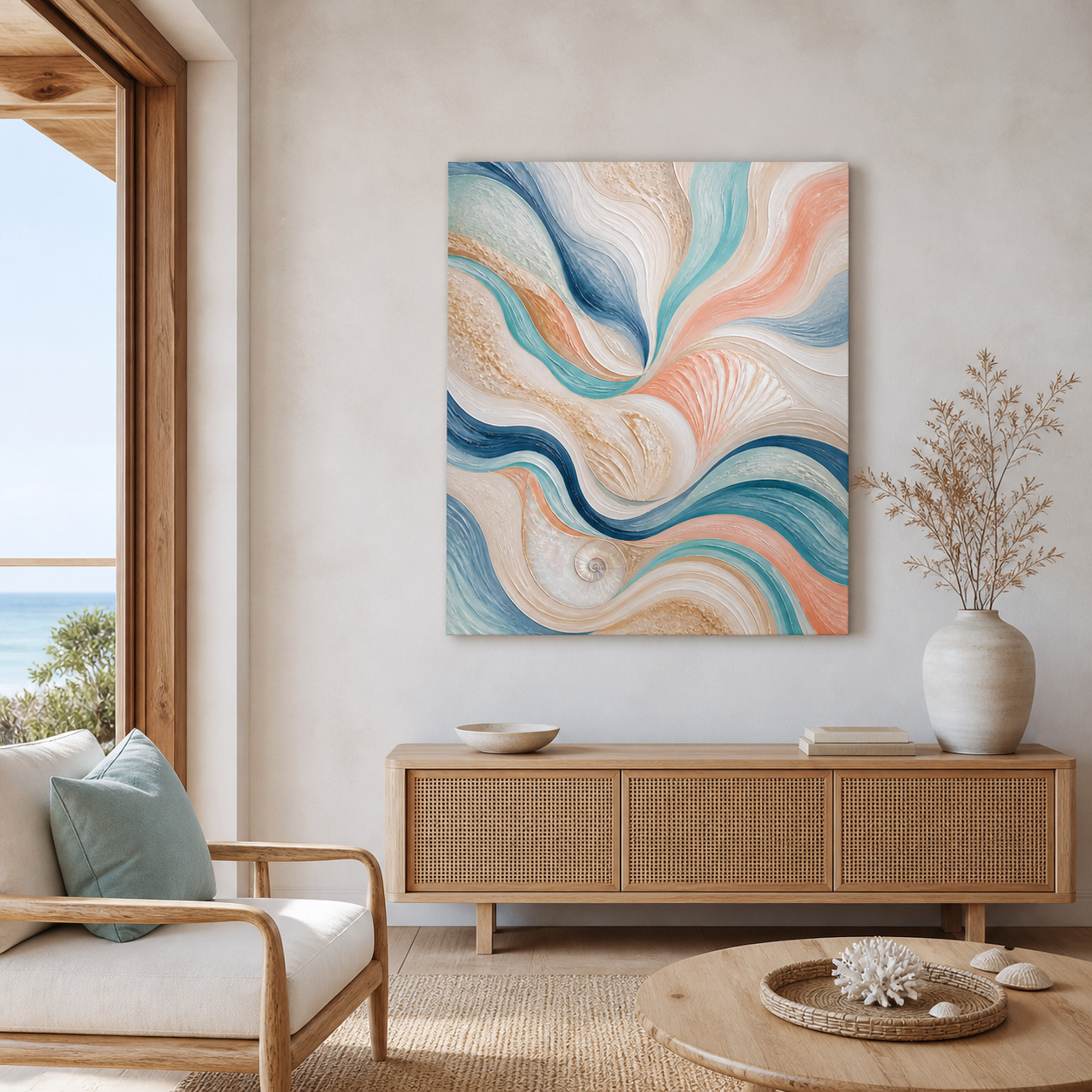 Tidal Ribbons stretched canvas in a coastal interior