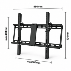 Angled view diagram of a black tilting TV wall mount showing its overall width and height and its hole spacing