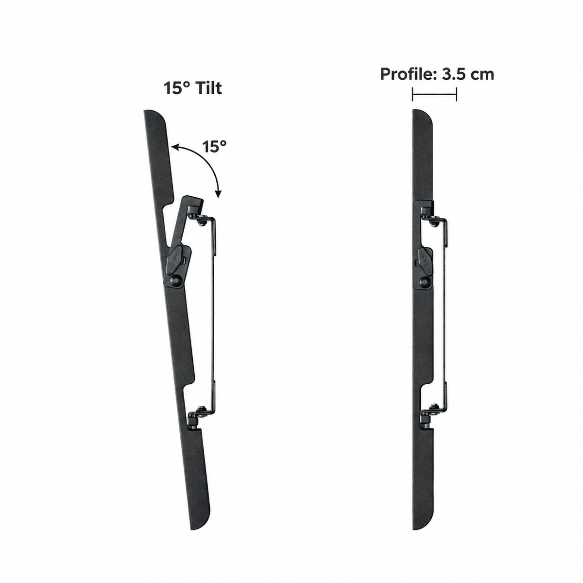 Side view of a black tilting TV wall mount showing the tilt angle and how close it sits to the wall