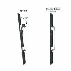 Side view of a black tilting TV wall mount showing the tilt angle and how close it sits to the wall