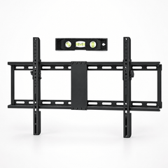 Black tilting TV wall mount bracket with a small level tool placed above it on a white background