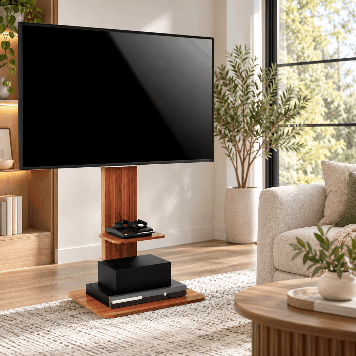 Dimensions diagram of a TV floor stand showing its height range, base size, shelf size and bracket width