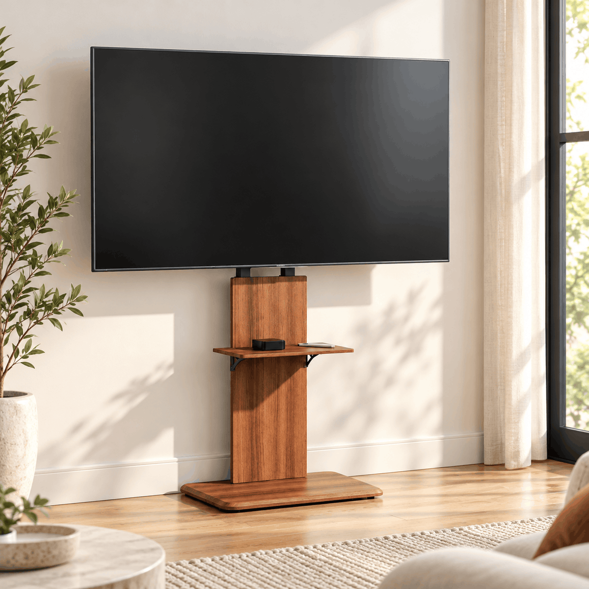 Brown wood effect TV floor stand with a black VESA bracket, one small shelf and a large base on a white background