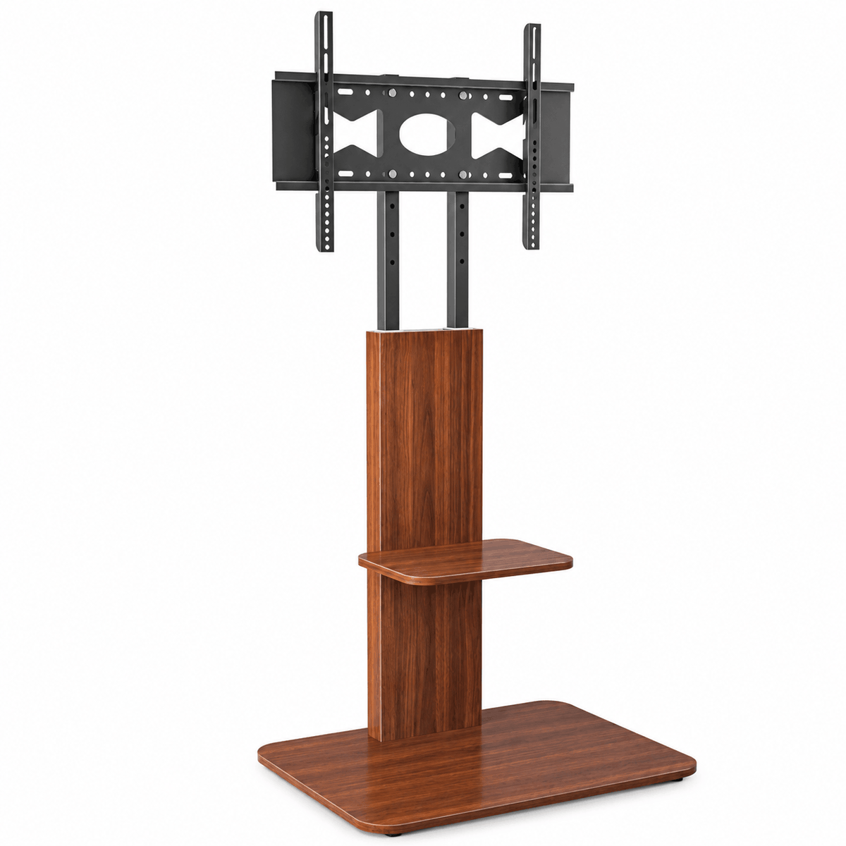 Brown wood effect TV floor stand with a TV on top, a small shelf and a large base holding a game console and AV equipment