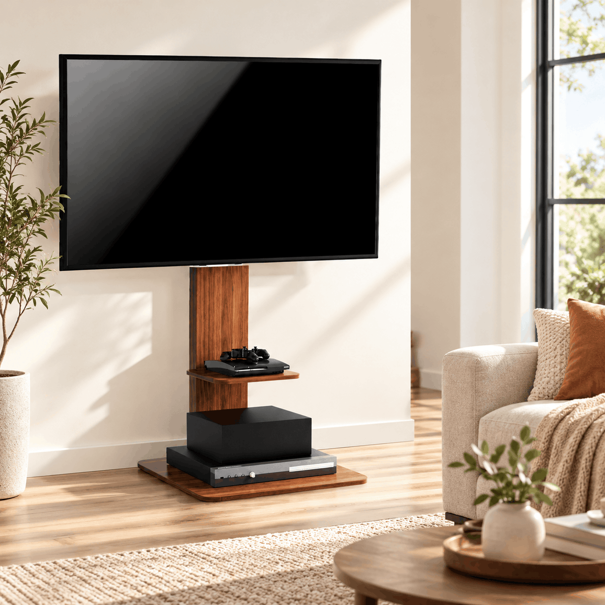 TV floor stand with a TV, a game console on the shelf and a speaker box and amplifier on the base in a bright living room
