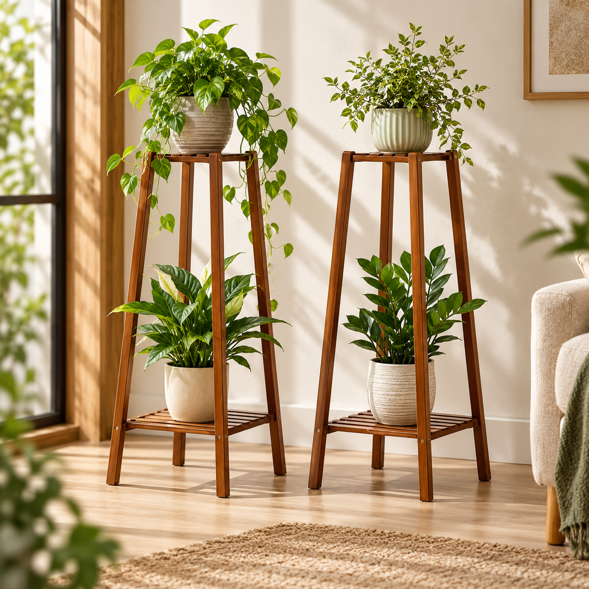 Two bamboo plant stands side by side in a living room, each holding a trailing plant above a leafy plant