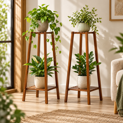 Two bamboo plant stands side by side in a living room, each holding a trailing plant above a leafy plant