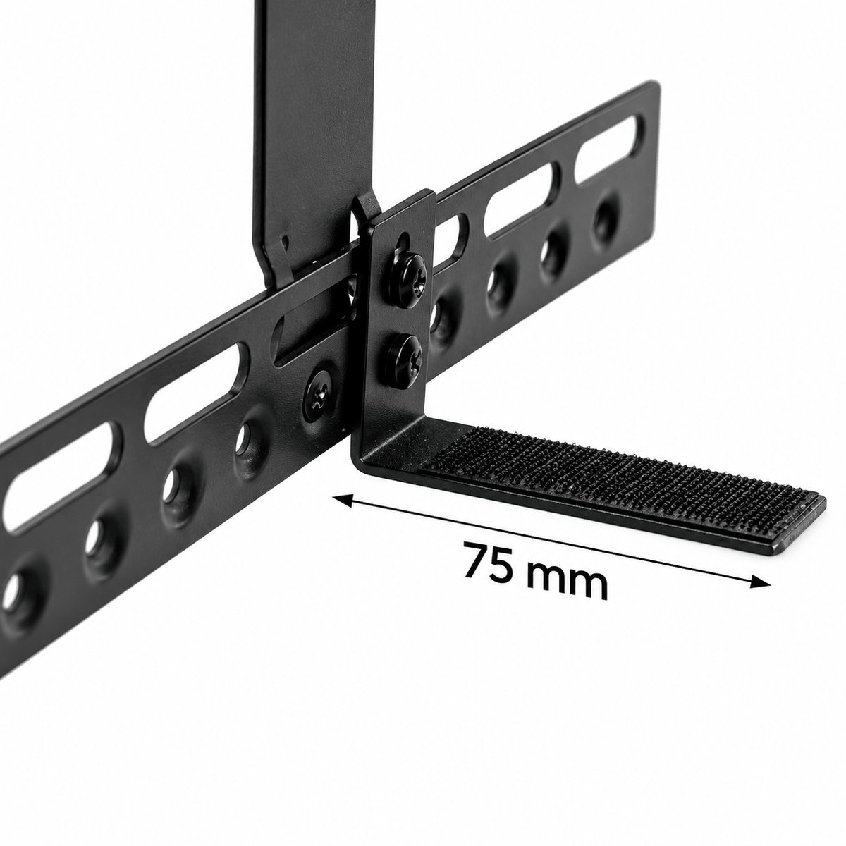 Close up of a black soundbar bracket foot with a grip pad and screws fixing it to a slotted bar