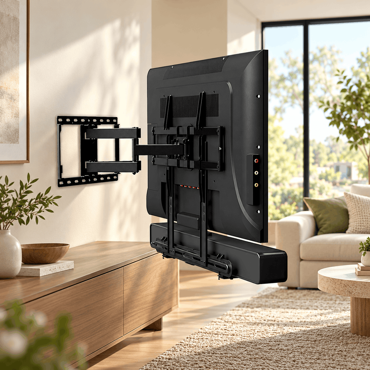 Black soundbar brackets holding a soundbar below a TV that hangs on a swivel wall mount in a lounge room