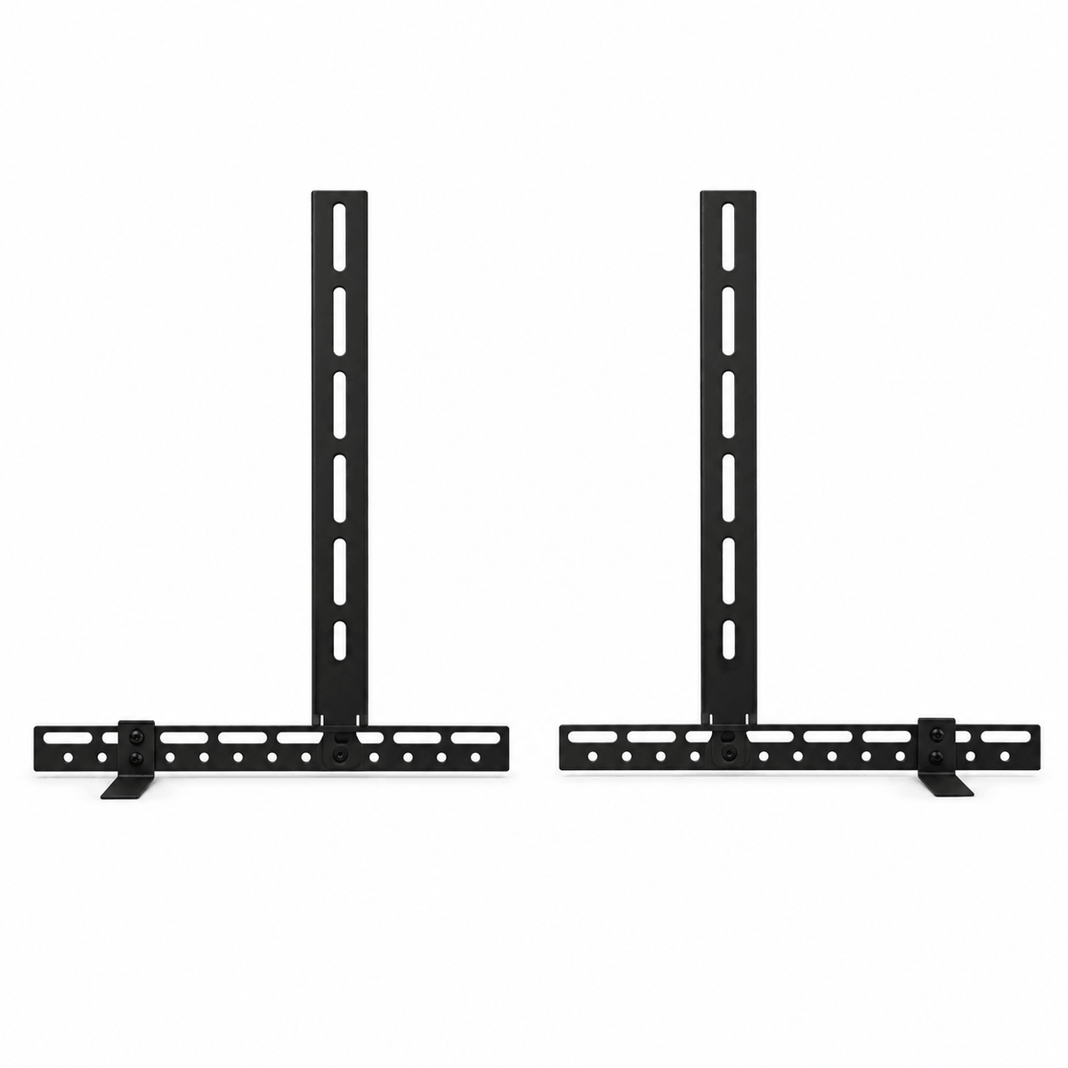 Pair of black steel soundbar brackets with slotted vertical arms and L shaped feet on a white background