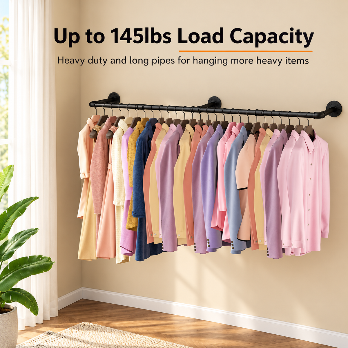 Black wall mounted pipe clothes rack in a corner holding many shirts and dresses on wooden hangers