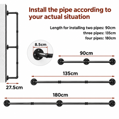 Diagram of the industrial pipe clothes rack installed at three different lengths, with wall flange and rail depth sizes