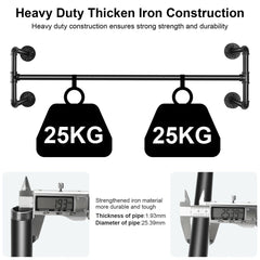 Black iron pipe clothes rack load capacity diagram with two weights on the rail and close-ups of the pipe thickness