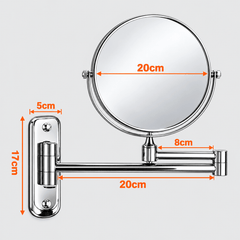 Dimensions diagram of a round wall mounted mirror showing mirror width, wall plate size and arm lengths