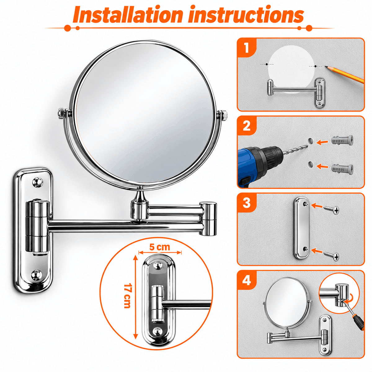 Four step installation guide showing marking the wall, drilling, fixing the wall plate and attaching the mirror