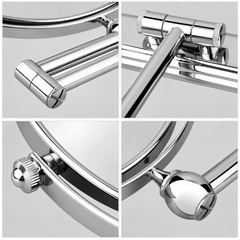 Four close up views of the chrome joints, arm ends and side knobs of a wall mounted makeup mirror