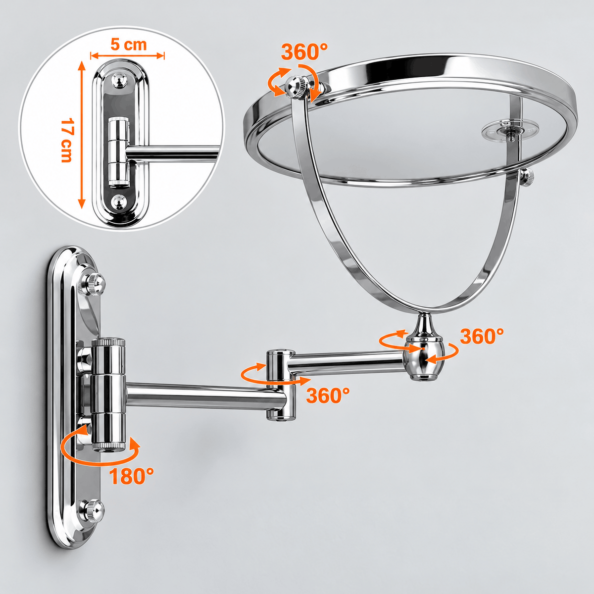 Wall mounted mirror with an extendable arm and arrows showing the mirror turning and swivelling at each joint