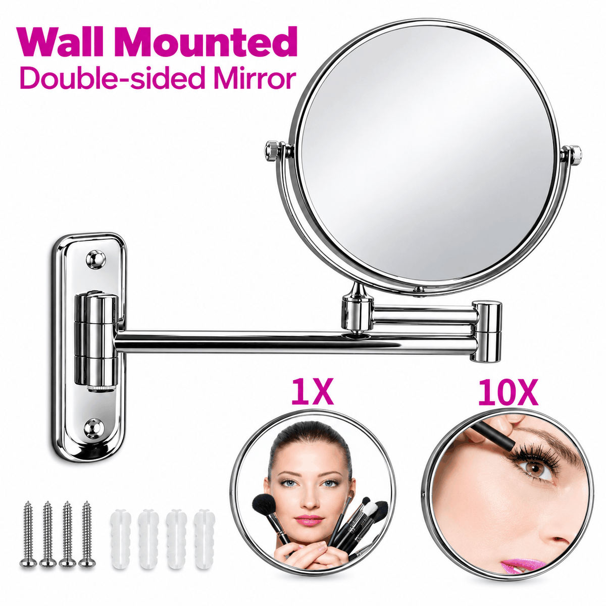 Wall mounted double sided mirror with a standard view and a magnified view, plus screws and plugs below