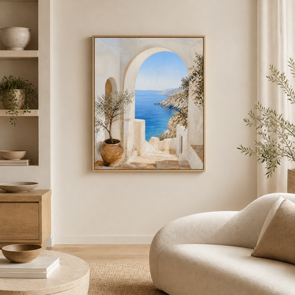 Whitewashed Cove birch floating frame canvas in a coastal interior