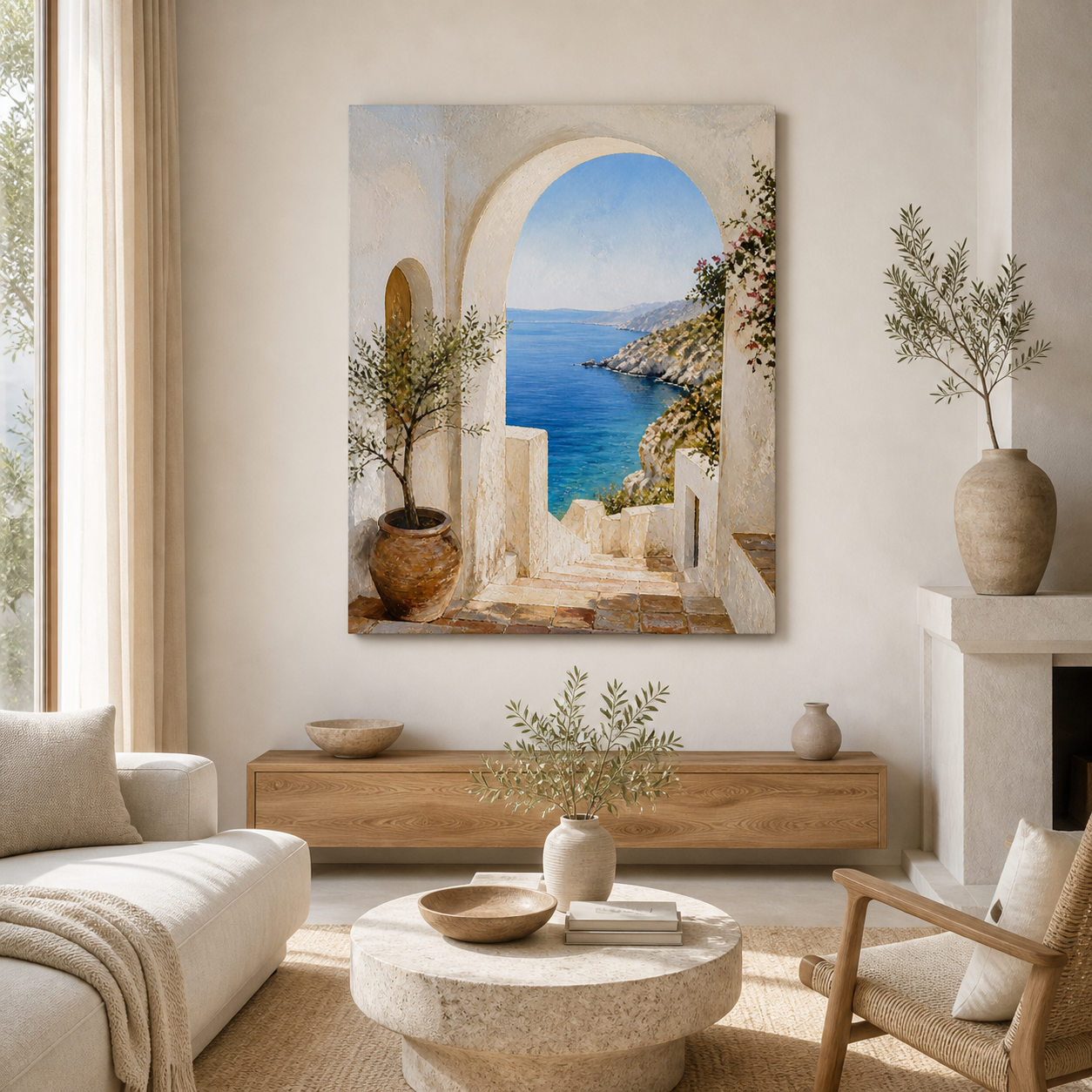 Whitewashed Cove stretched canvas in a coastal interior