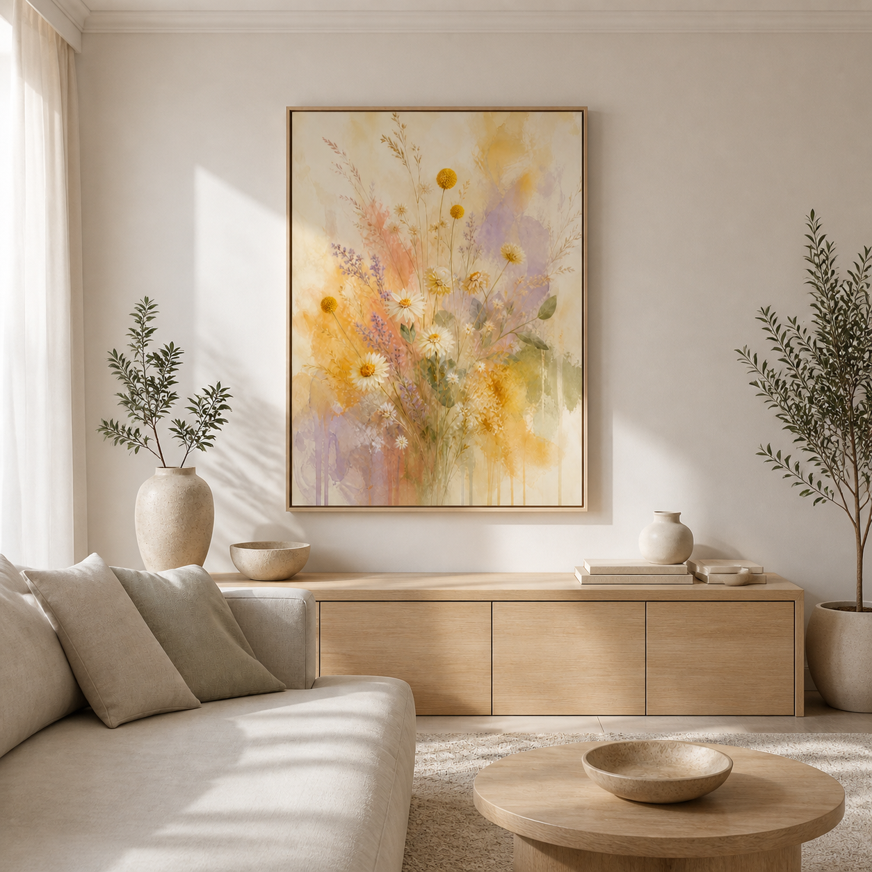 Wildflower Veil canvas in a natural birch floating frame – full square lifestyle view