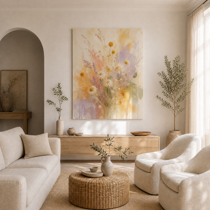 Wildflower Veil stretched canvas in a styled living room – full square lifestyle view
