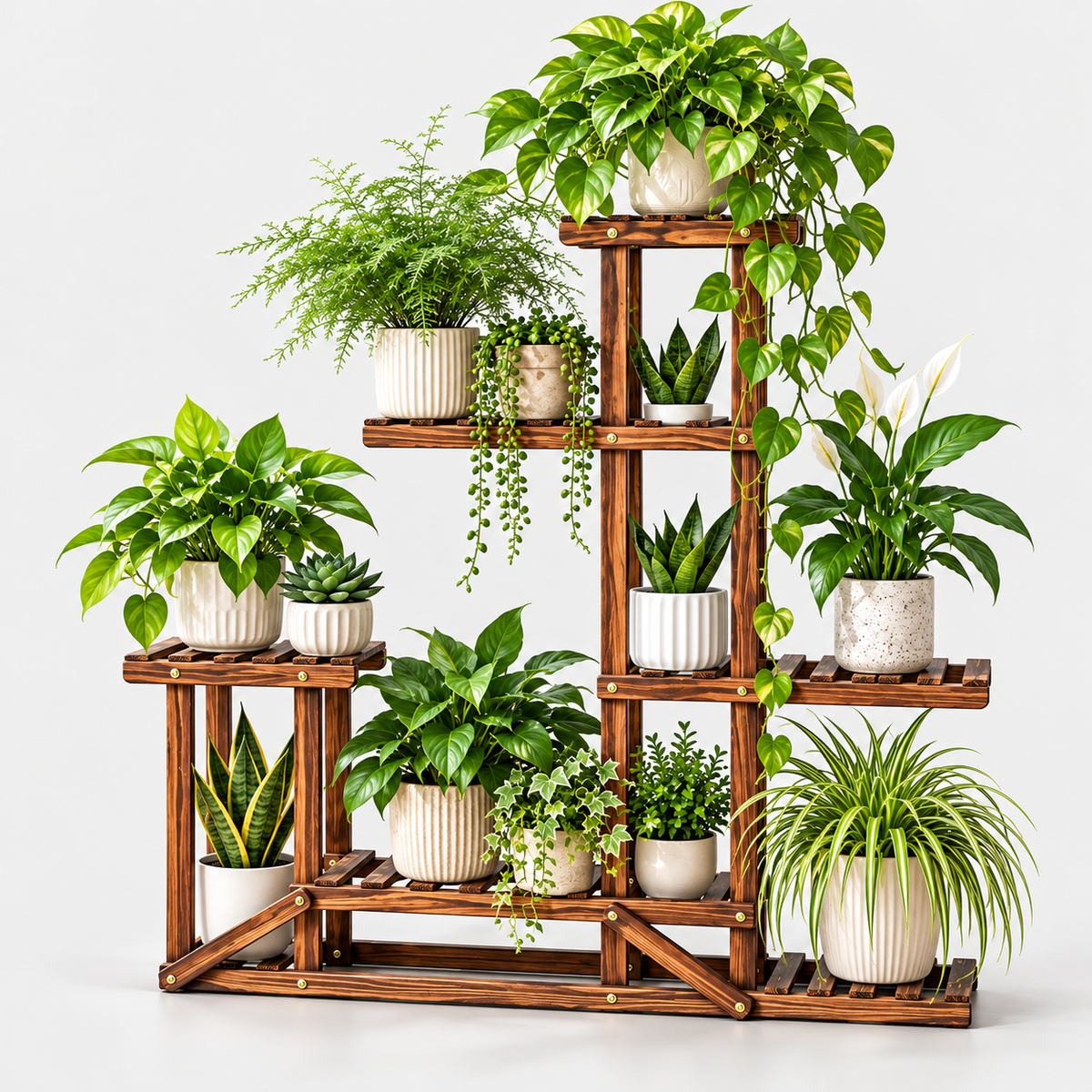 Brown slatted wooden flower shelf with ceramic pots of houseplants, front view on light background
