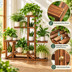 Wooden plant stand in a sunlit room with close-ups of carbonized pine grain, slatted shelf and brass bolt
