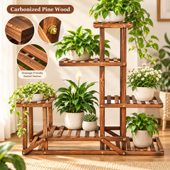 Wooden plant stand with potted daisies and houseplants plus close-ups of carbonized pine and slatted shelves