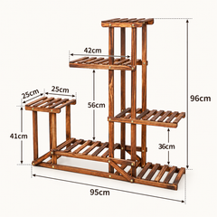 Wooden plant stand size diagram: 95cm wide, 96cm high, shelves 42cm and 25cm wide, heights 56cm, 41cm and 36cm