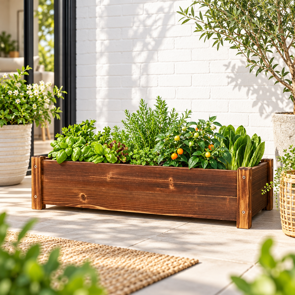 Rectangular wooden planter box filled with herbs, lettuce and cherry tomatoes on a sunny patio by a white brick wall