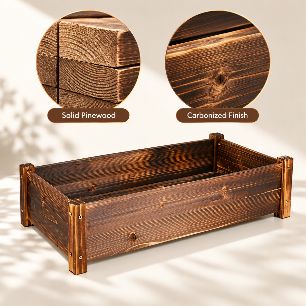 Close-ups of solid pine wood grain and carbonized finish on a brown wooden planter box with screwed corners