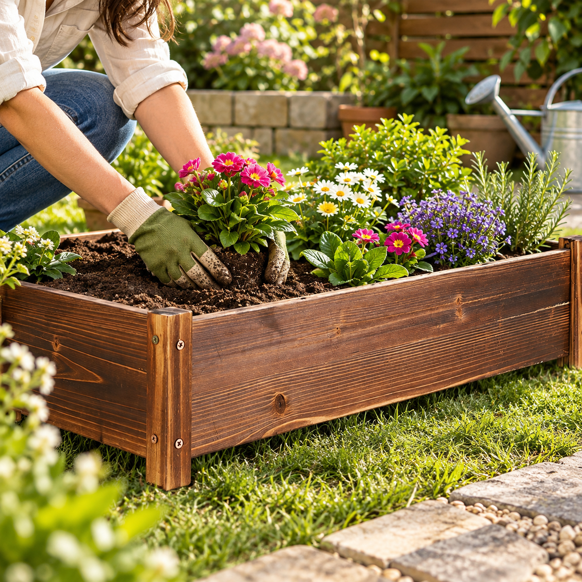 Gardener planting pink and white flowers into a wooden planter box filled with soil, beside a watering can
