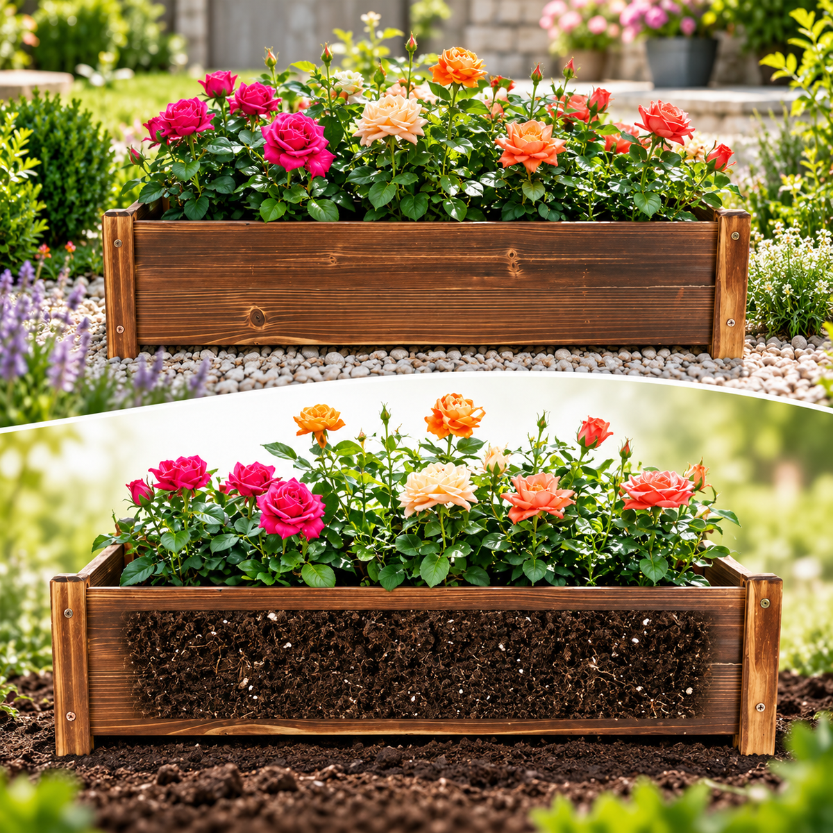 Wooden planter box with blooming roses, shown outdoors and in a cutaway view of the soil inside